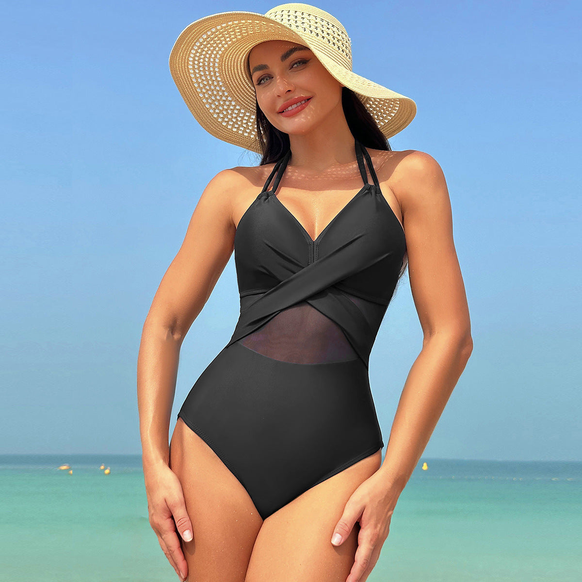 Halter-Neck Mesh One-Piece Swimsuit