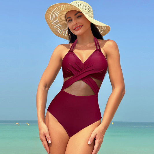 Halter-Neck Mesh One-Piece Swimsuit