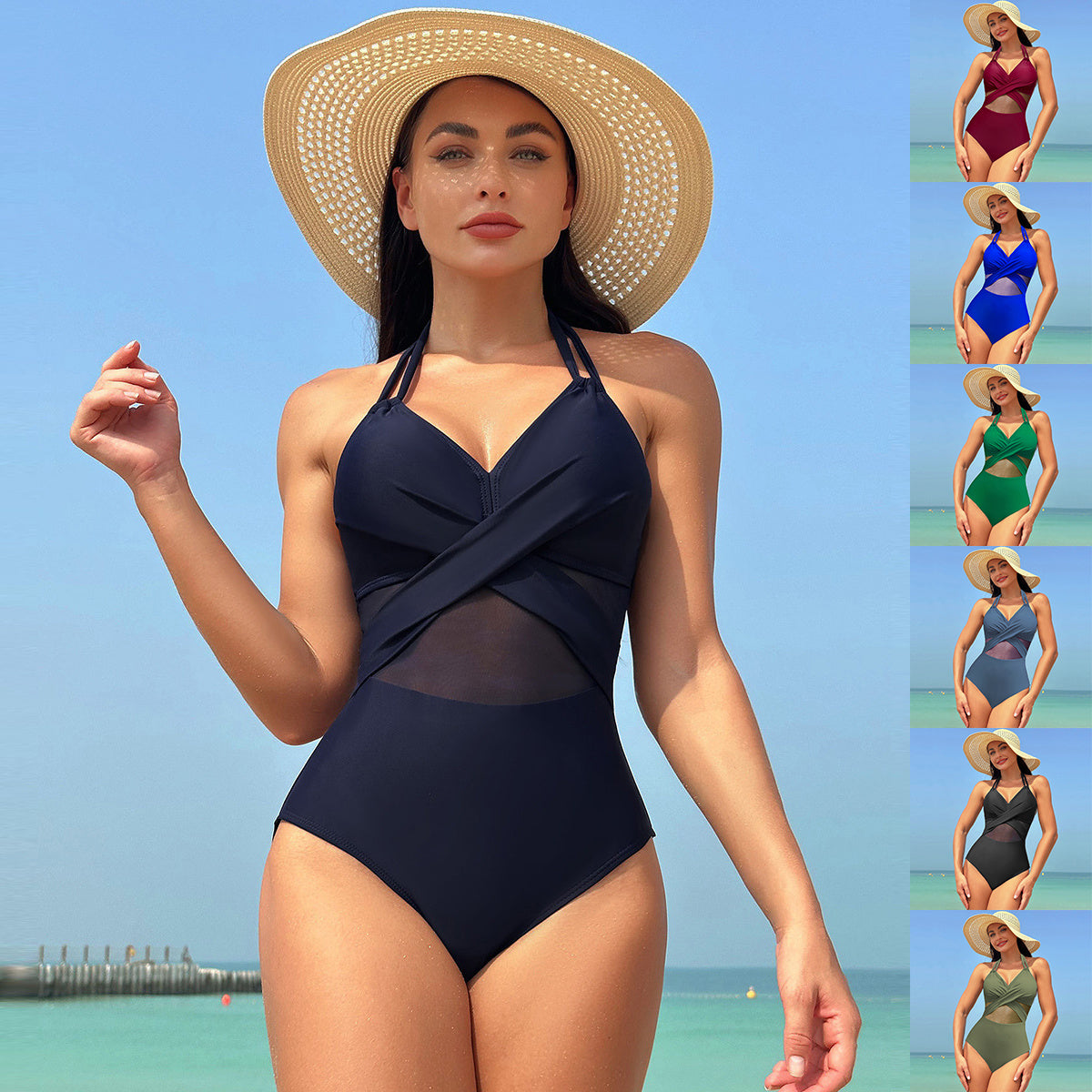 Halter-Neck Mesh One-Piece Swimsuit